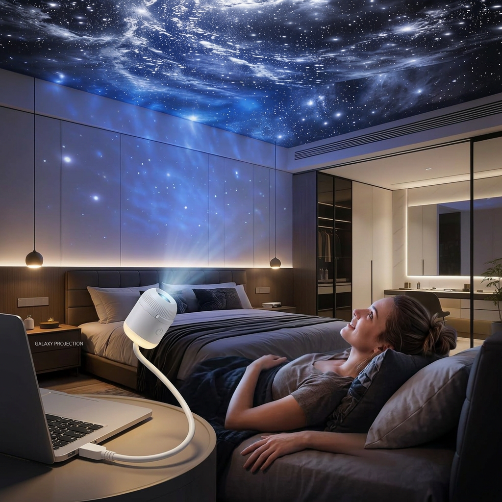 Galaxy Star Projector with Flexible Neck and Focus Ring | USB Night Light for Bedroom