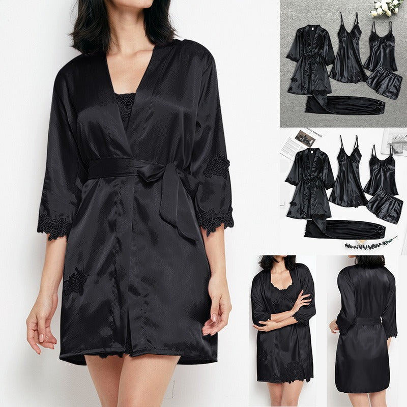 Sera | Women's Silk Satin Pajama Set with Lace Trim Kimono Robe, Cami & Shorts for Sleep