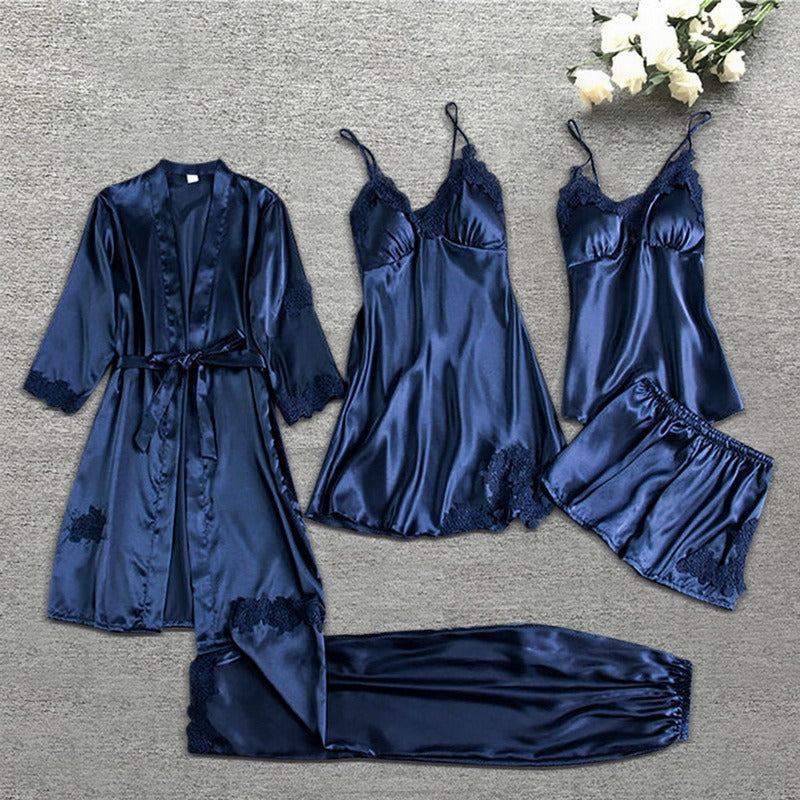 Sera | Women's Silk Satin Pajama Set with Lace Trim Kimono Robe, Cami & Shorts for Sleep