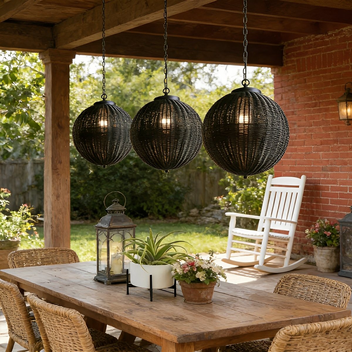 Retro Rattan Outdoor Pendant Light Waterproof Garden Chandelier