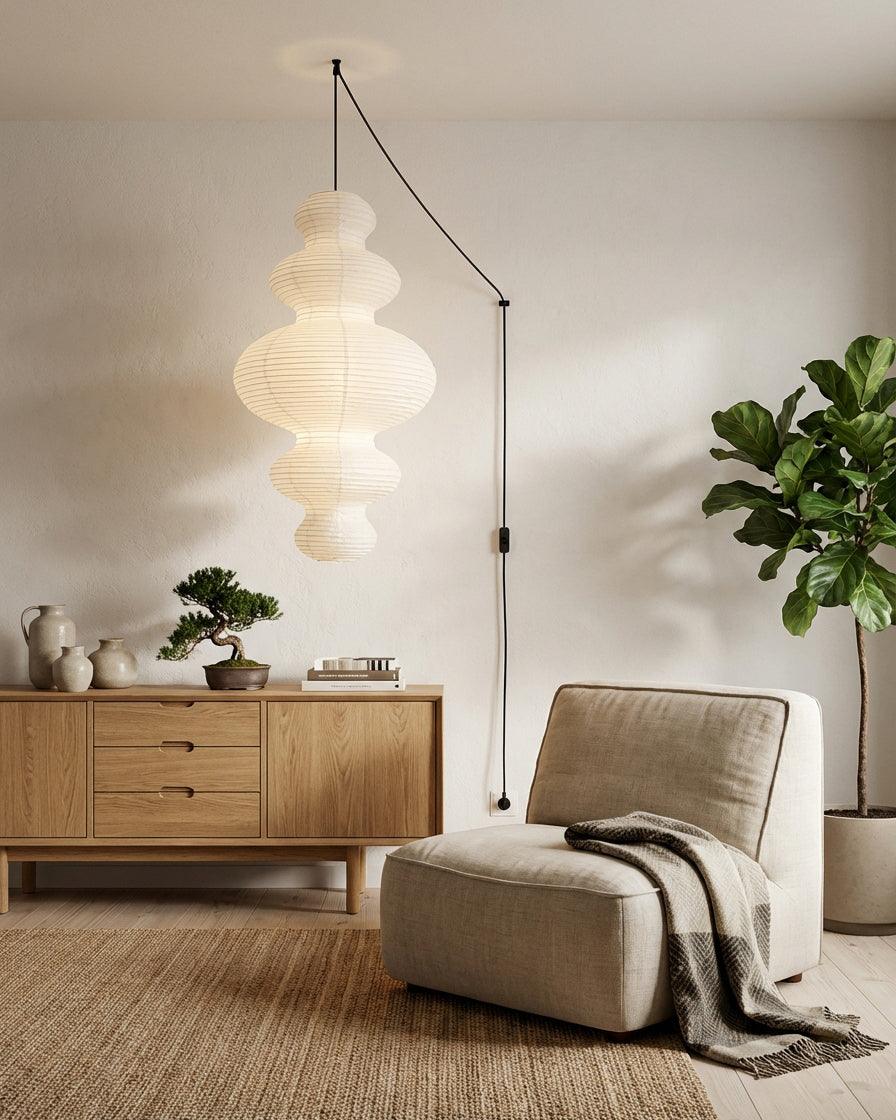 Shiroi | Plug In Pendant Light with Rice Paper Shade | Dimmable Lantern Lamp for Bedroom