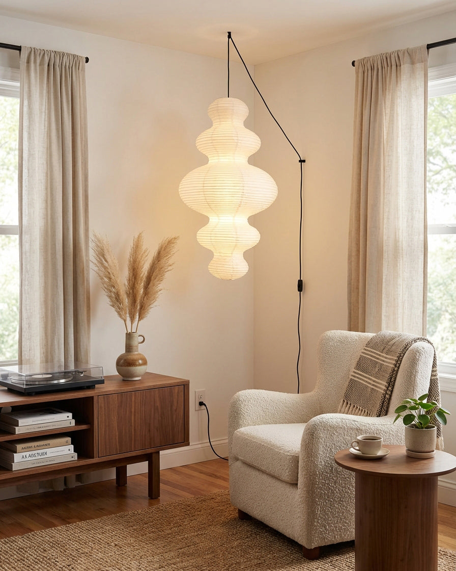 Shiroi | Plug In Pendant Light with Rice Paper Shade | Dimmable Lantern Lamp for Bedroom