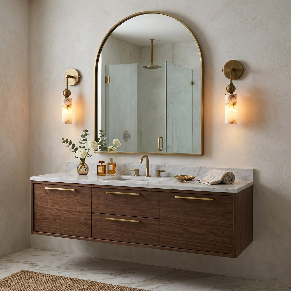 Natural Alabaster Wall Sconce with Brass Hardware | Warm Glow Bedside Light