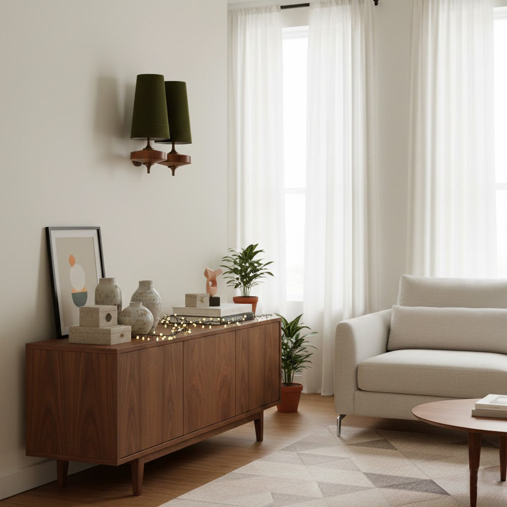 Walnut Wall Sconce with Antique Brass Hardware | Fabric Shade for Warm Ambient Light