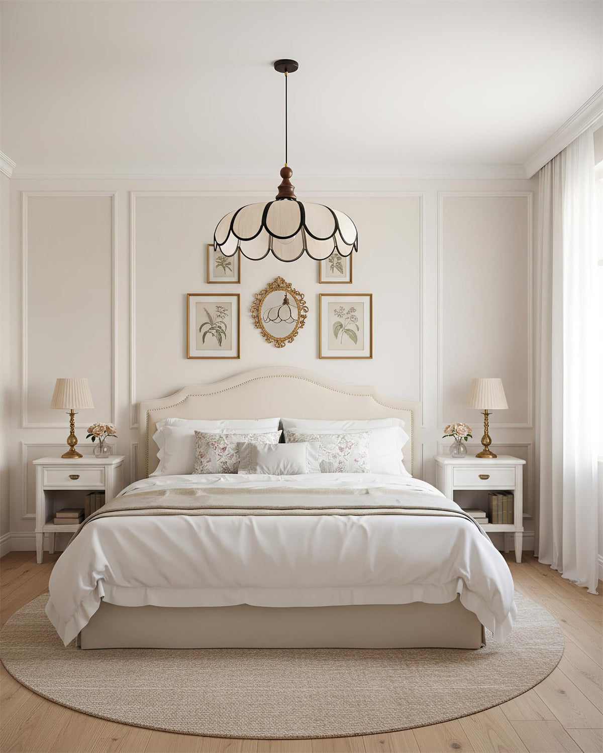 Petalux | Scalloped Pendant Light with Abaca Shade | Walnut Wood Fixture for Dining Room