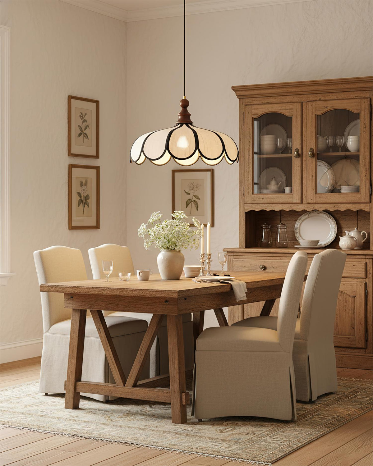 Petalux | Scalloped Pendant Light with Abaca Shade | Walnut Wood Fixture for Dining Room