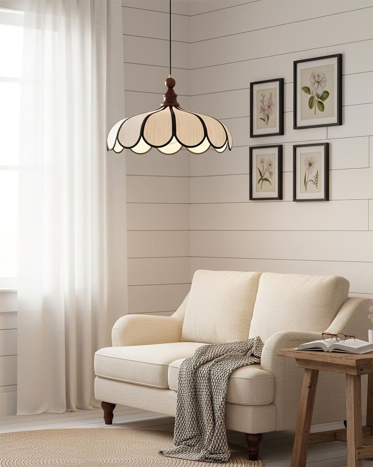 Petalux | Scalloped Pendant Light with Abaca Shade | Walnut Wood Fixture for Dining Room