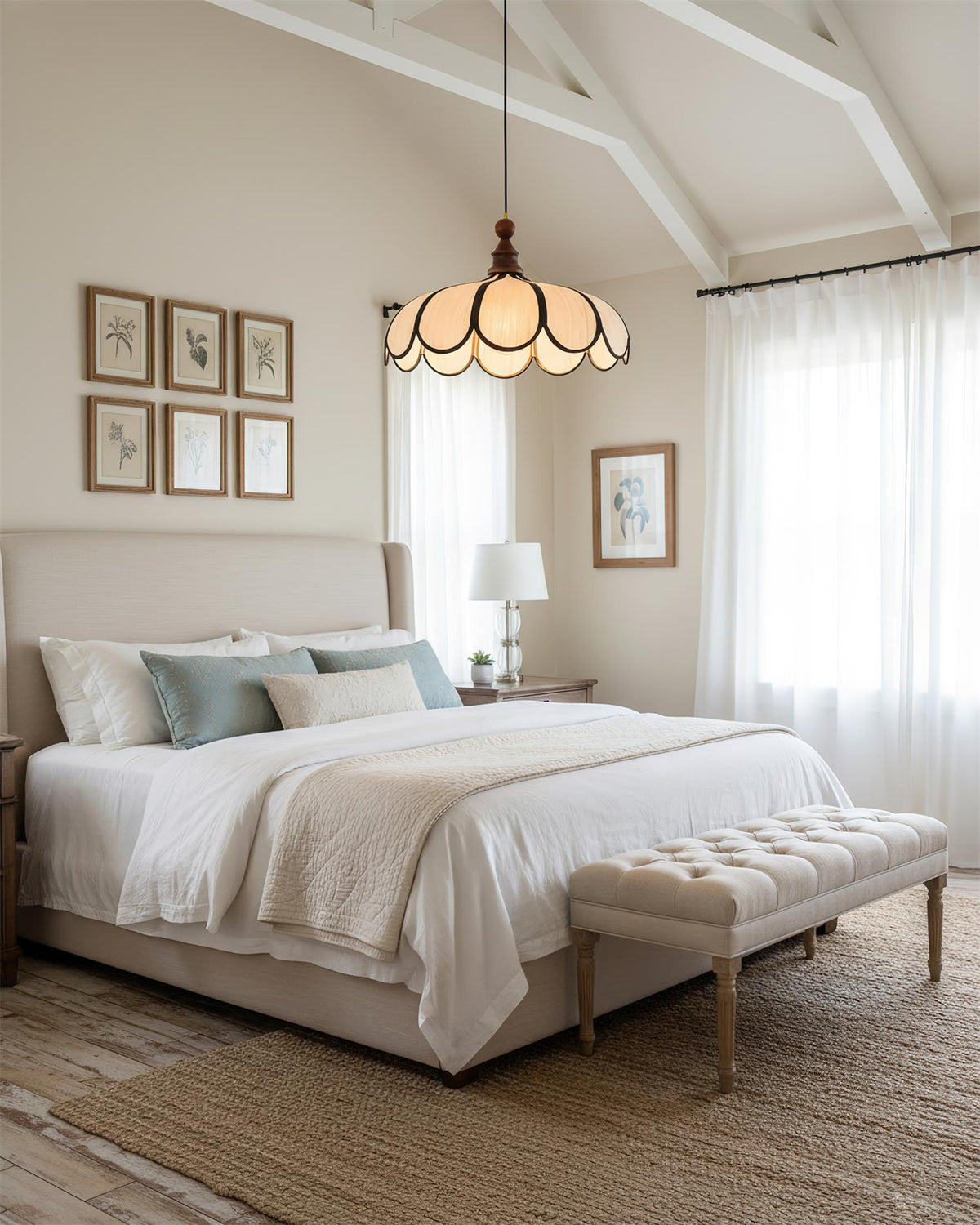 Petalux | Scalloped Pendant Light with Abaca Shade | Walnut Wood Fixture for Dining Room