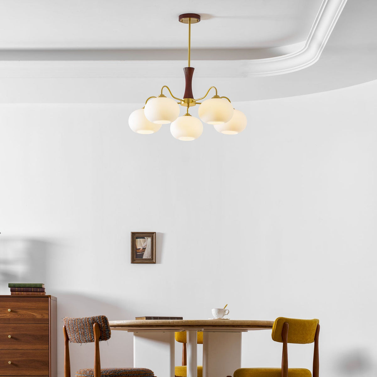 Persimmon Glass Chandelier with Brass Arms | Wood Accent Ceiling Pendant Light