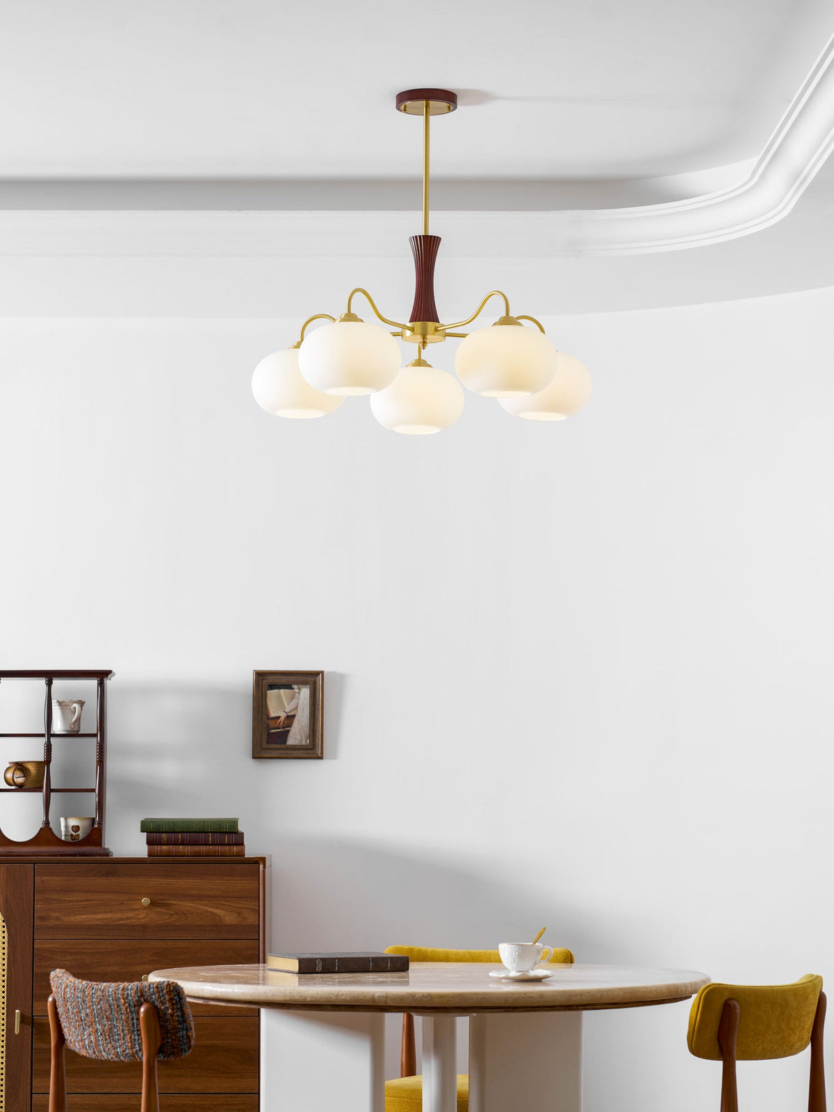 Persimmon Glass Chandelier with Brass Arms | Wood Accent Ceiling Pendant Light