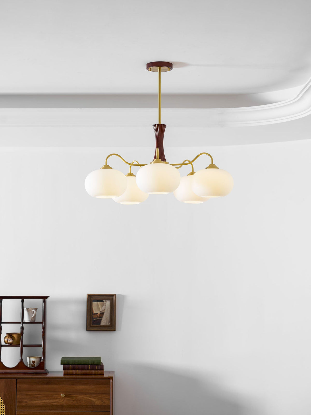 Persimmon Glass Chandelier with Brass Arms | Wood Accent Ceiling Pendant Light
