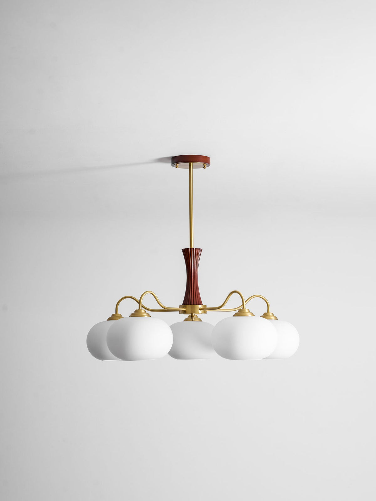 Persimmon Glass Chandelier with Brass Arms | Wood Accent Ceiling Pendant Light