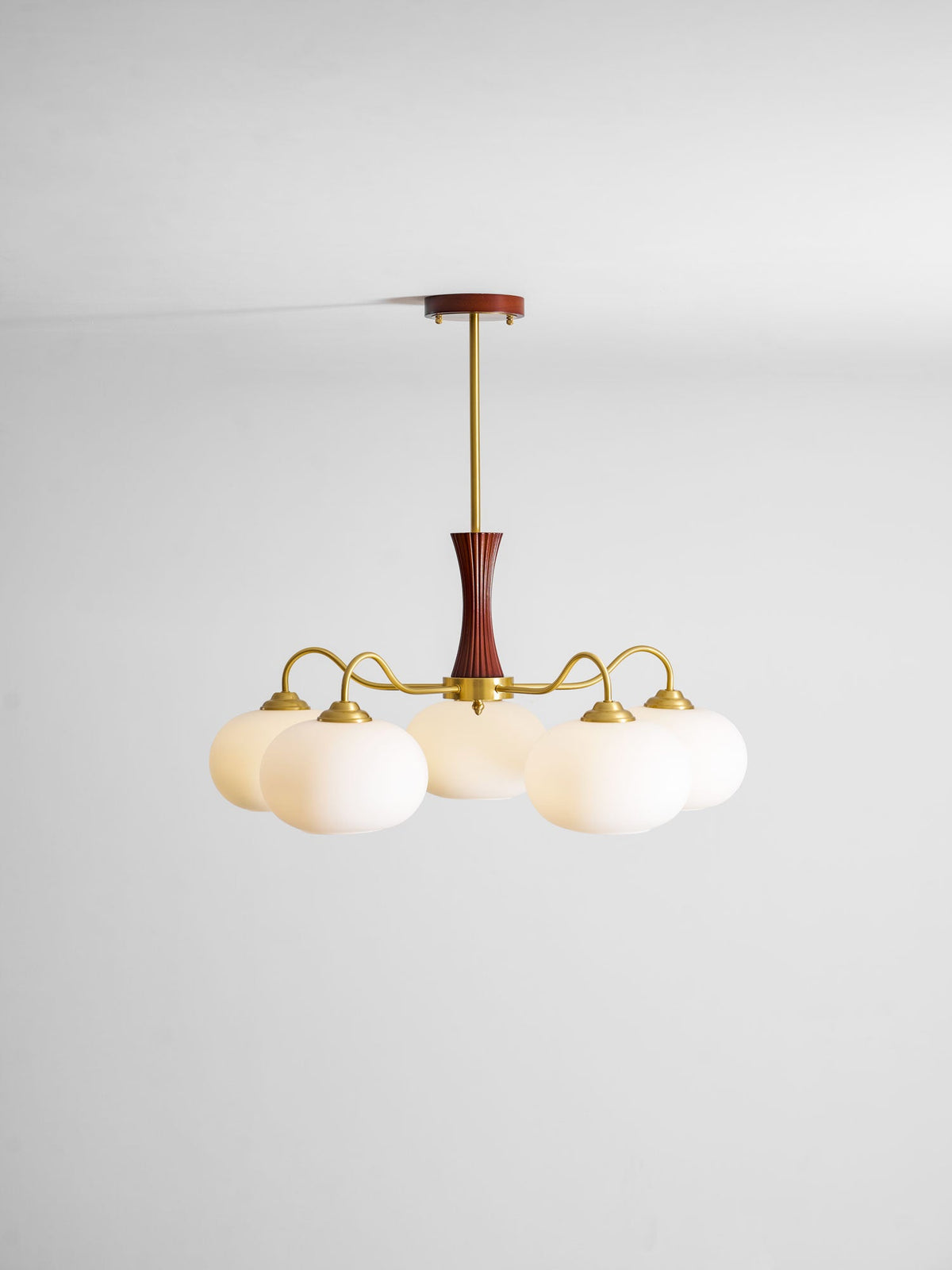 Persimmon Glass Chandelier with Brass Arms | Wood Accent Ceiling Pendant Light