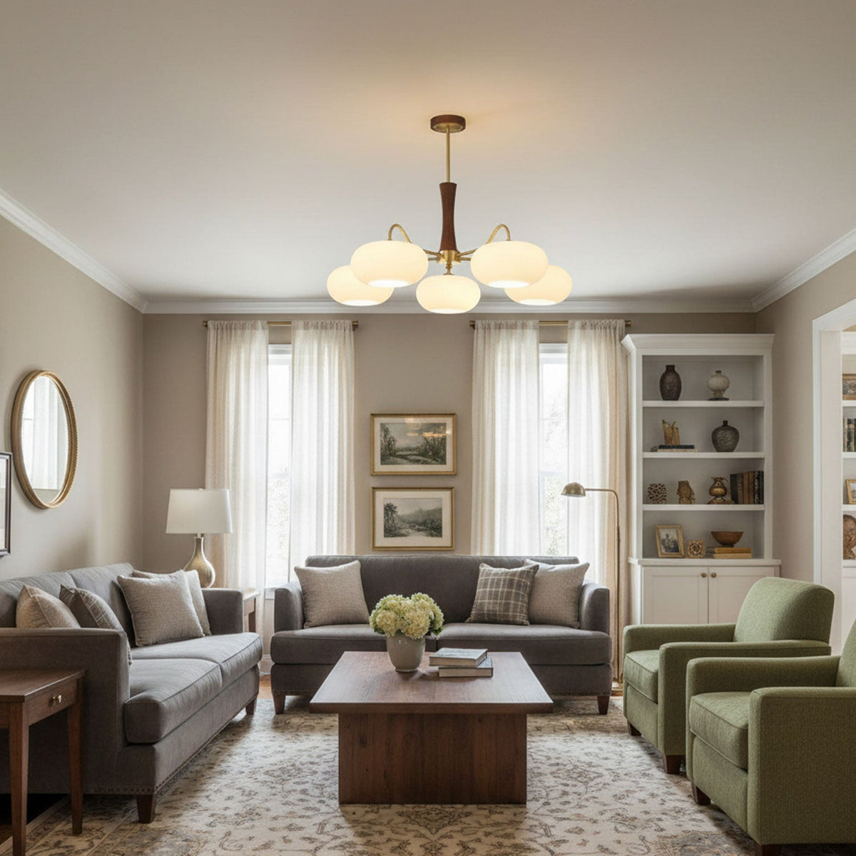 Persimmon Glass Chandelier with Brass Arms | Wood Accent Ceiling Pendant Light