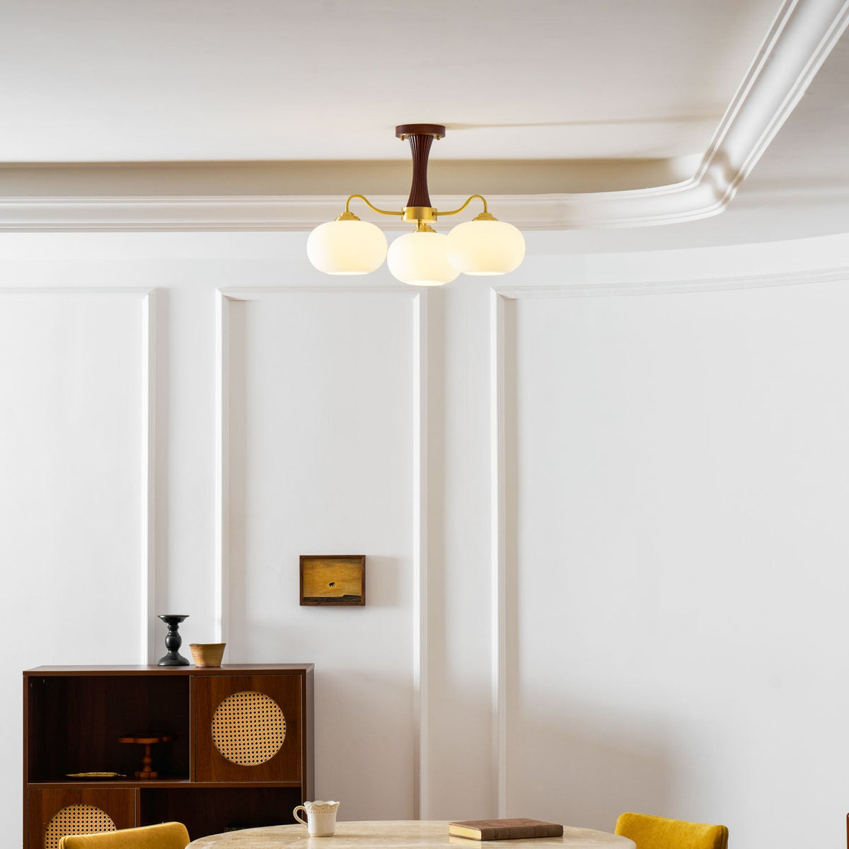 Persimmon Glass Chandelier with Brass Arms | Wood Accent Ceiling Pendant Light
