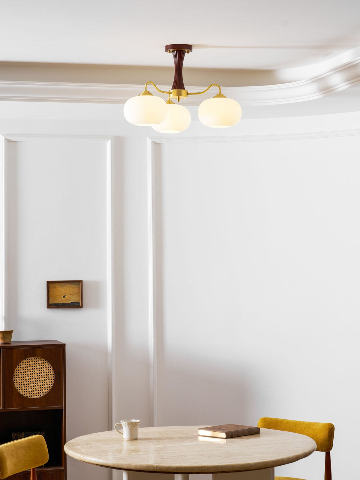 Persimmon Glass Chandelier with Brass Arms | Wood Accent Ceiling Pendant Light