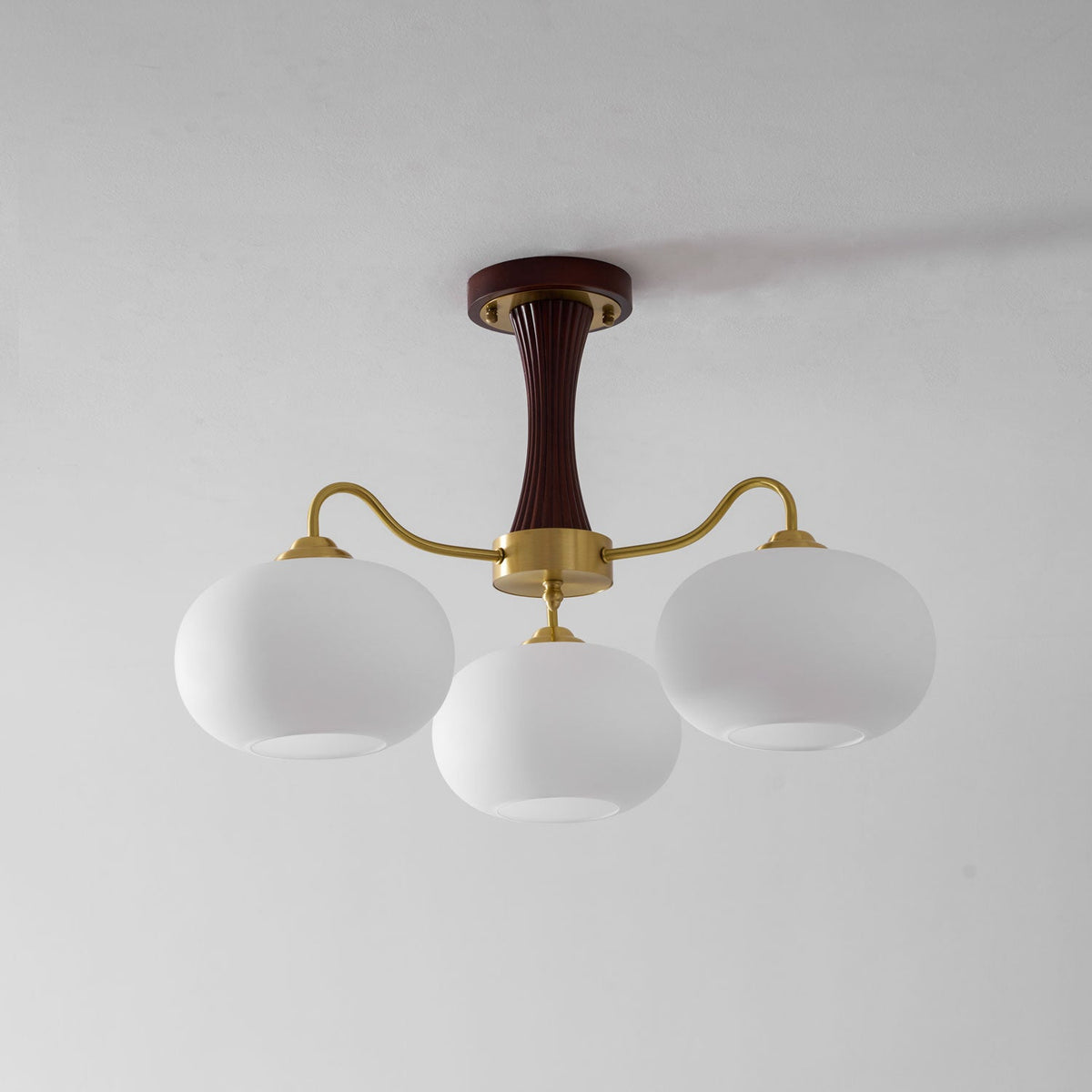 Persimmon Glass Chandelier with Brass Arms | Wood Accent Ceiling Pendant Light