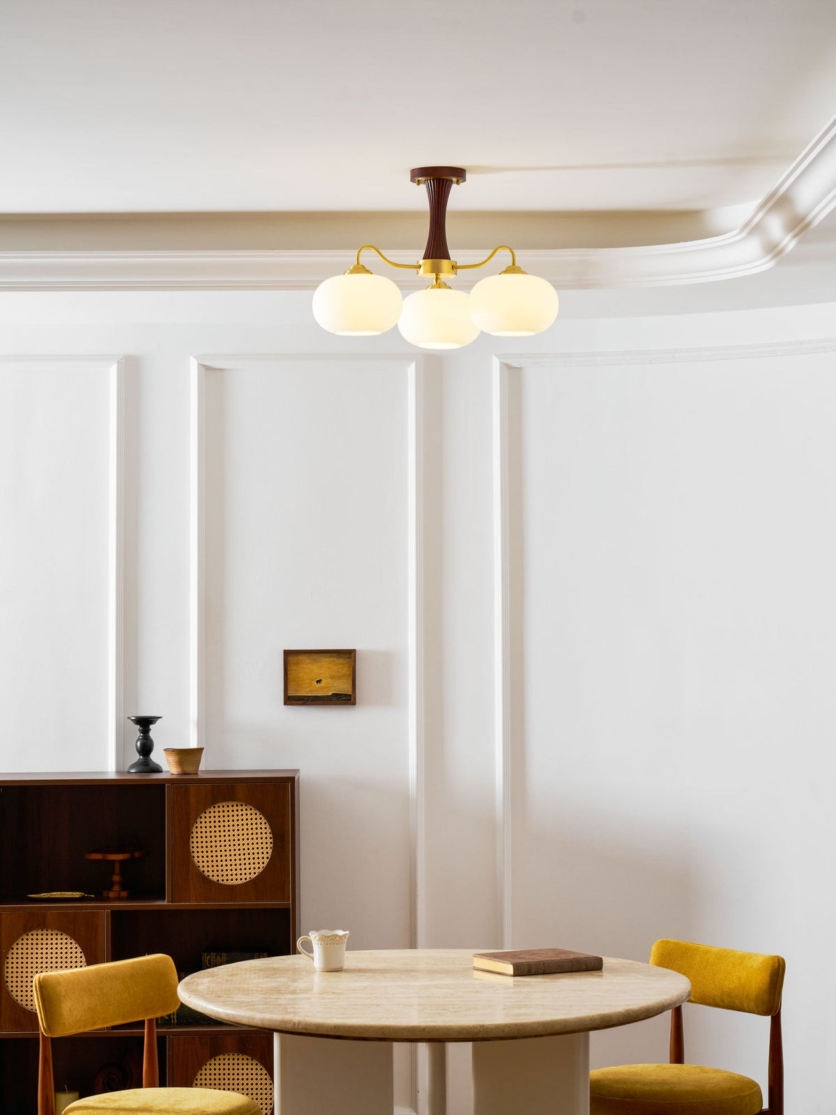 Persimmon Glass Chandelier with Brass Arms | Wood Accent Ceiling Pendant Light