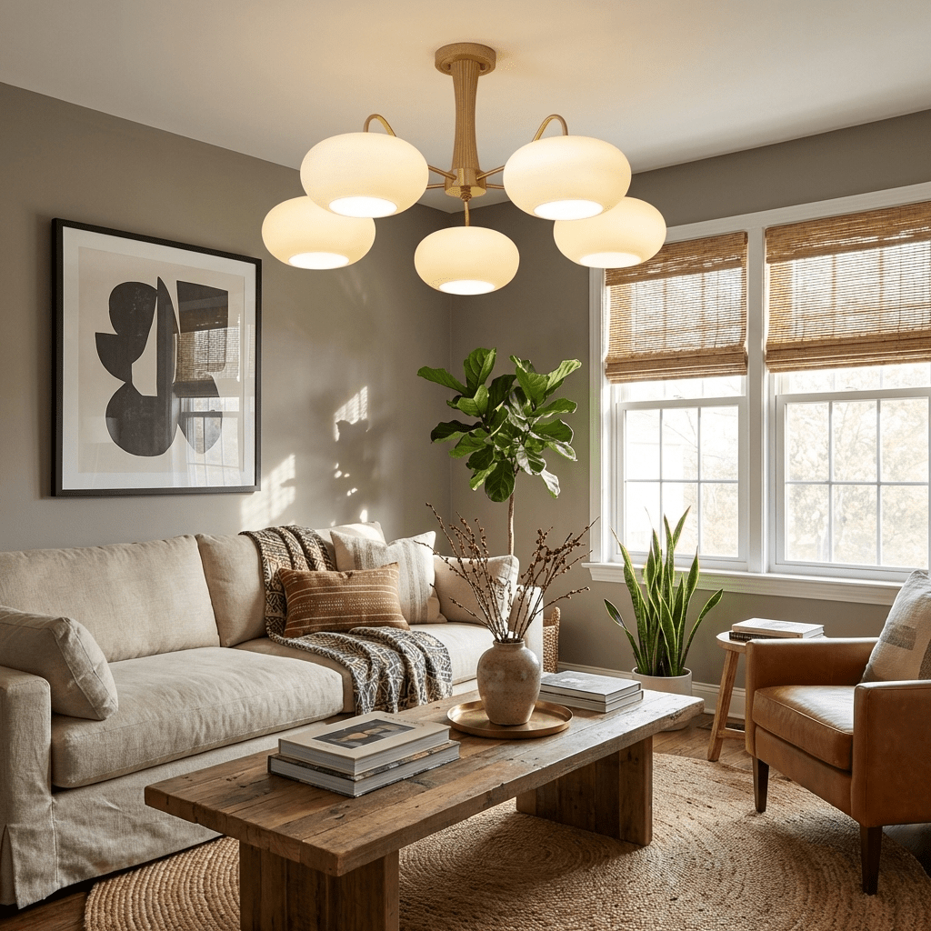 Persimmon Glass Chandelier with Brass Arms | Wood Accent Ceiling Pendant Light