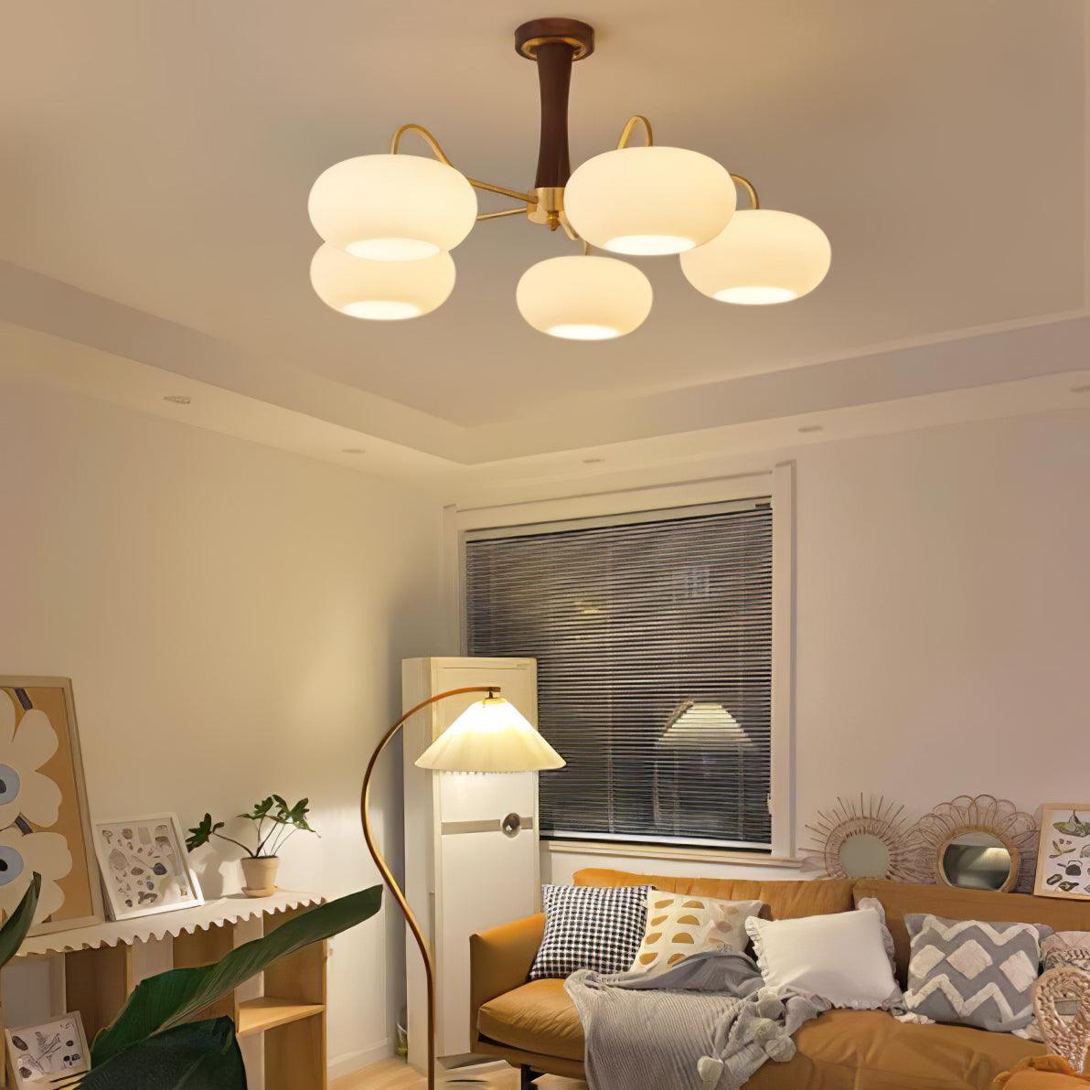 Persimmon Glass Chandelier with Brass Arms | Wood Accent Ceiling Pendant Light