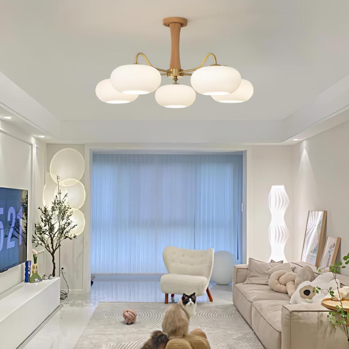 Persimmon Glass Chandelier with Brass Arms | Wood Accent Ceiling Pendant Light