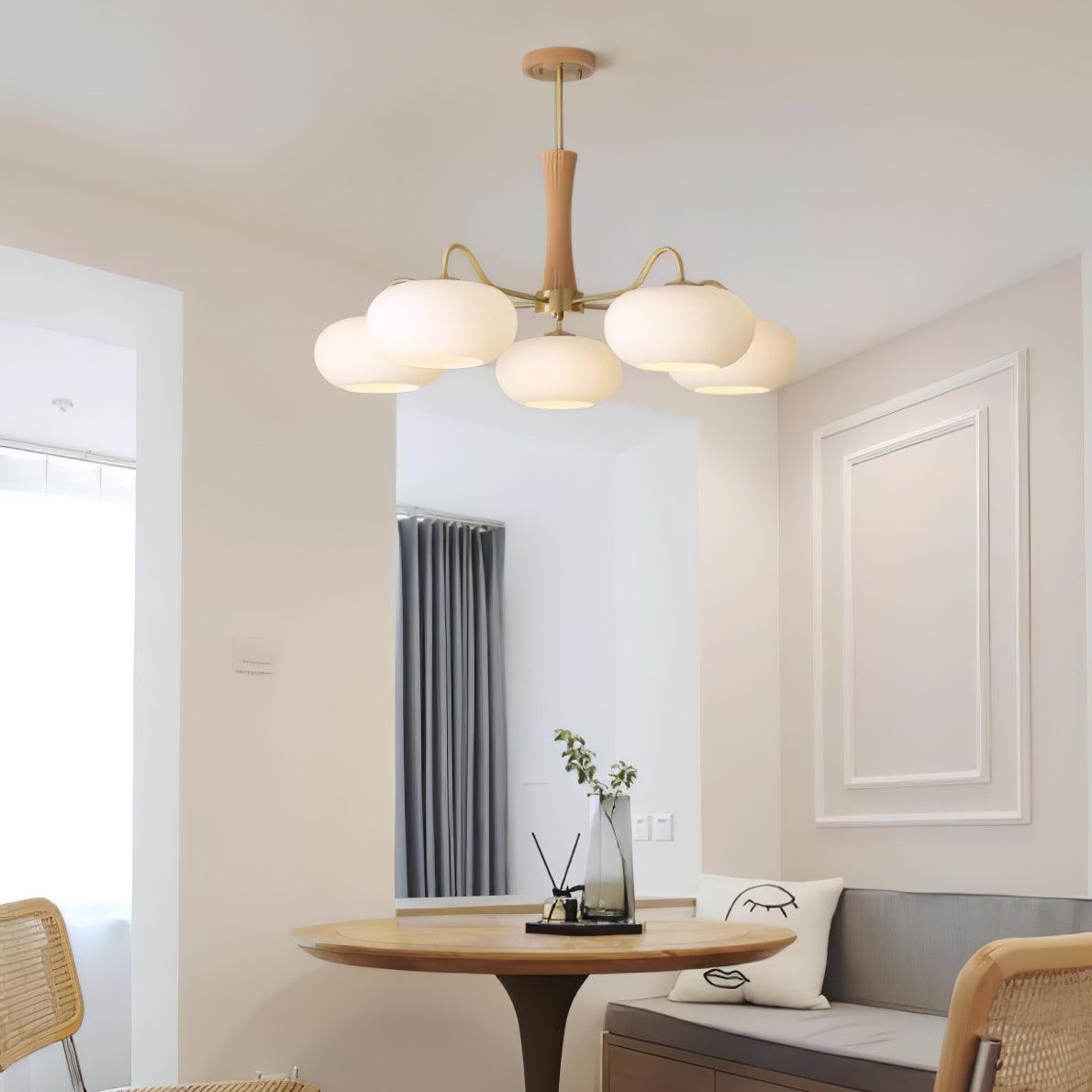 Persimmon Glass Chandelier with Brass Arms | Wood Accent Ceiling Pendant Light