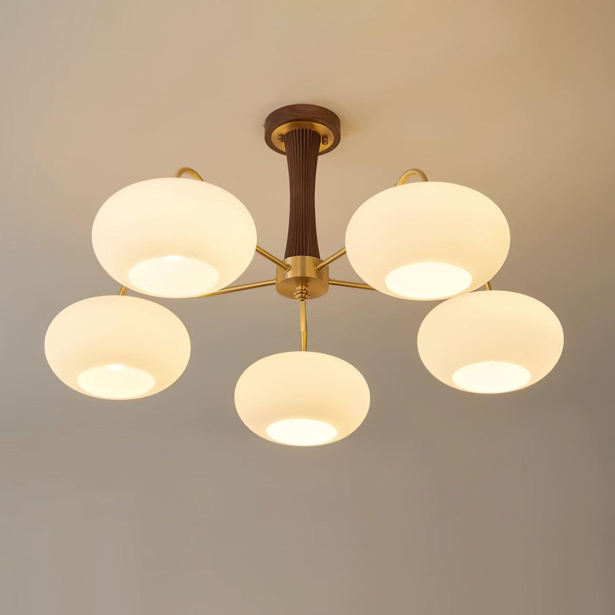 Persimmon Glass Chandelier with Brass Arms | Wood Accent Ceiling Pendant Light