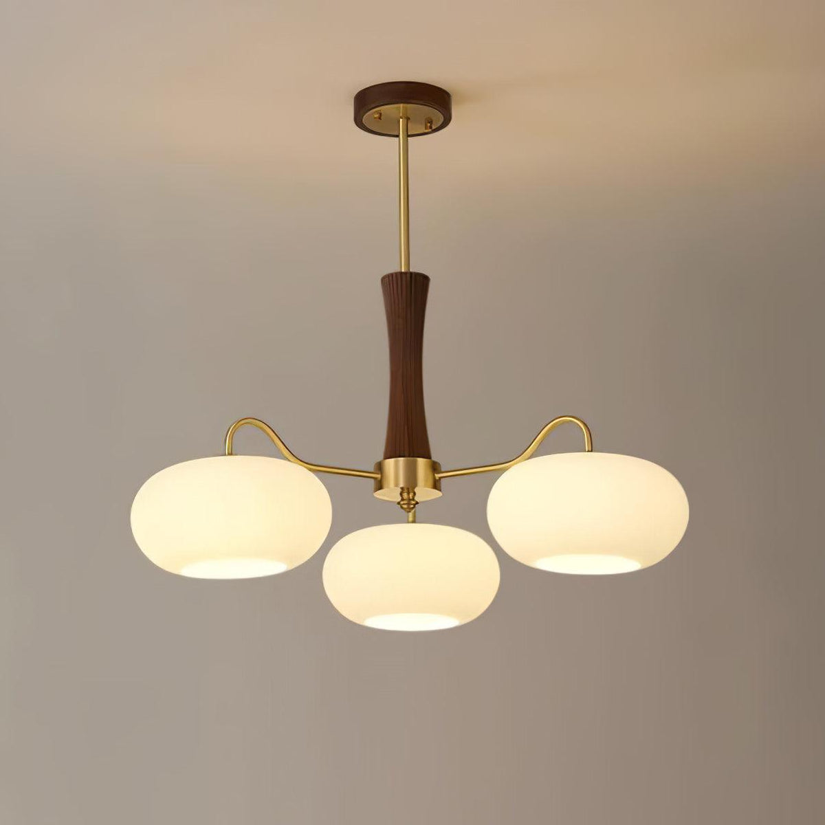 Persimmon Glass Chandelier with Brass Arms | Wood Accent Ceiling Pendant Light