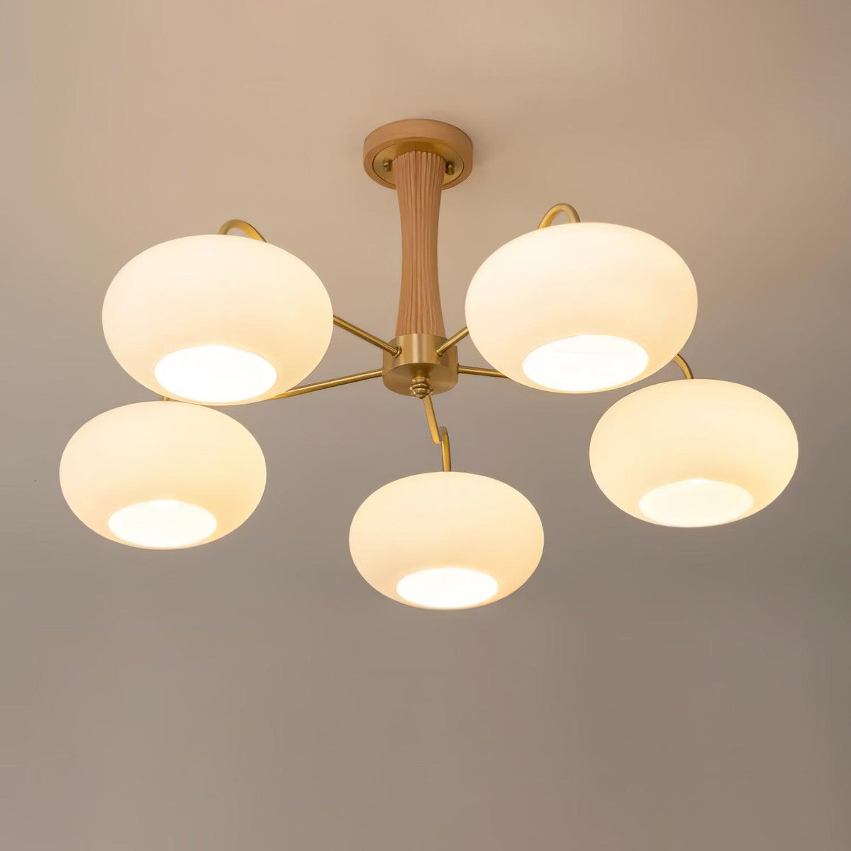 Persimmon Glass Chandelier with Brass Arms | Wood Accent Ceiling Pendant Light