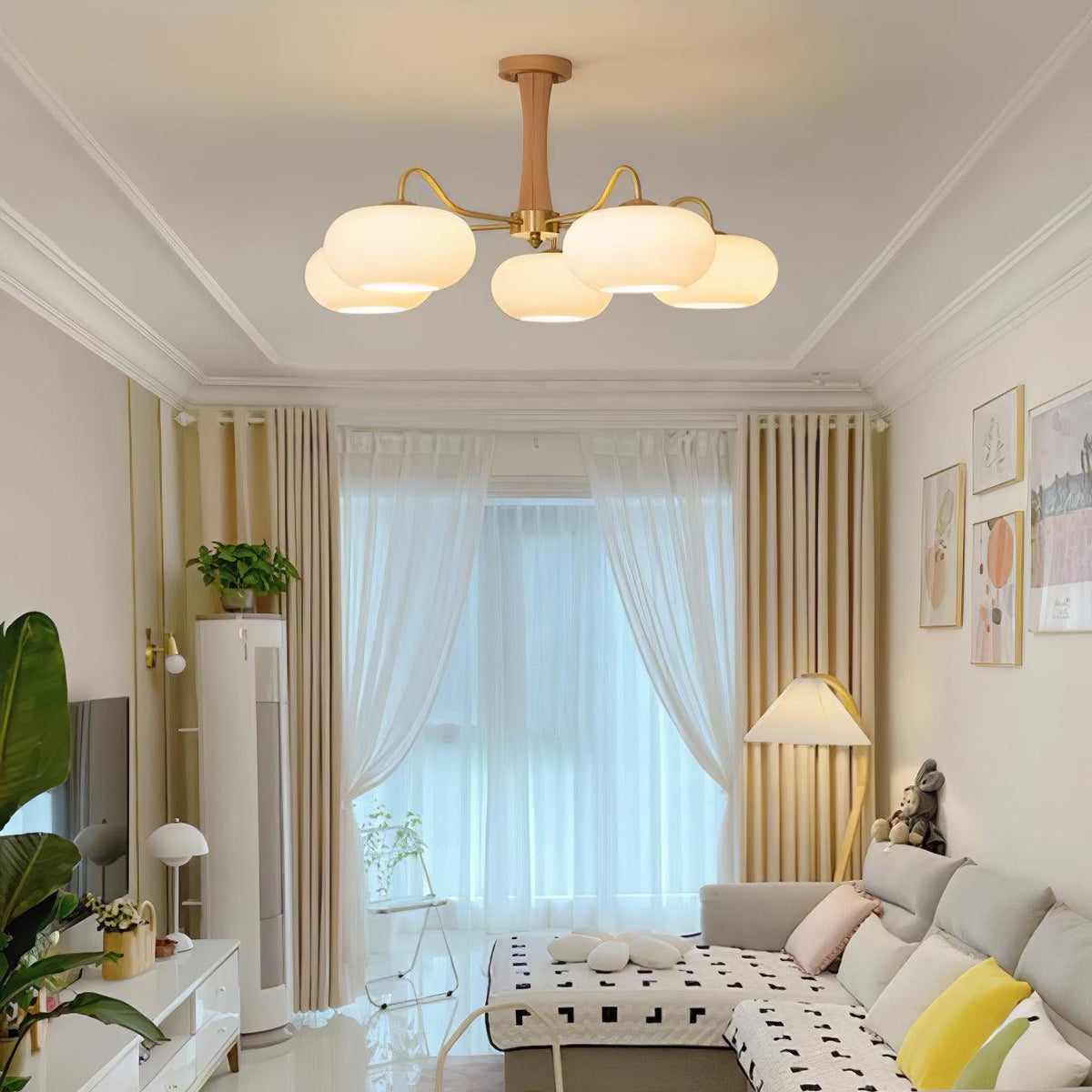 Persimmon Glass Chandelier with Brass Arms | Wood Accent Ceiling Pendant Light