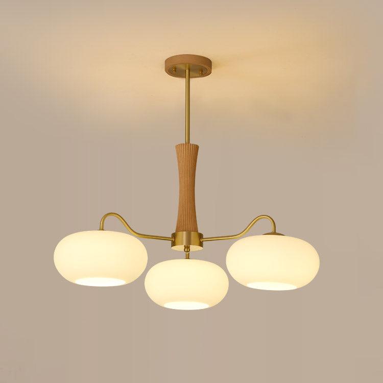 Persimmon Glass Chandelier with Brass Arms | Wood Accent Ceiling Pendant Light