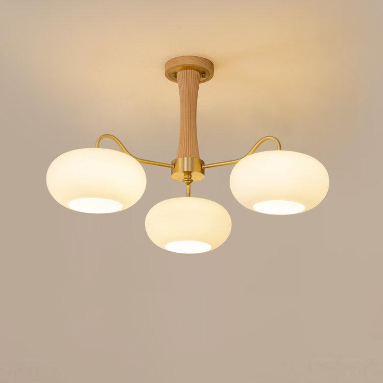 Persimmon Glass Chandelier with Brass Arms | Wood Accent Ceiling Pendant Light