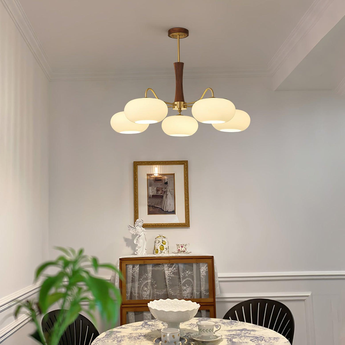 Persimmon Glass Chandelier with Brass Arms | Wood Accent Ceiling Pendant Light