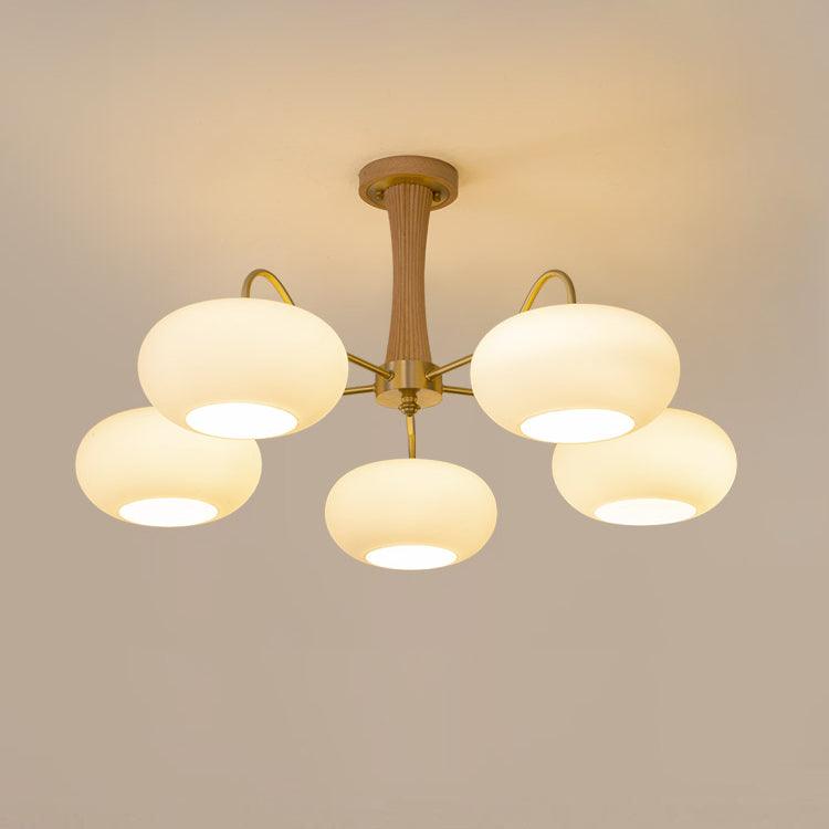 Persimmon Glass Chandelier with Brass Arms | Wood Accent Ceiling Pendant Light