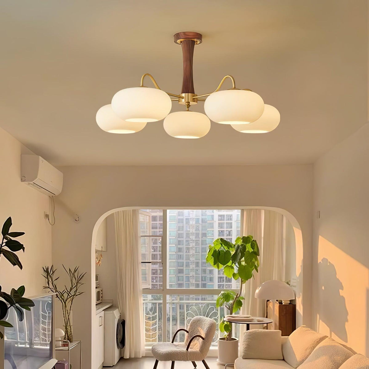 Persimmon Glass Chandelier with Brass Arms | Wood Accent Ceiling Pendant Light