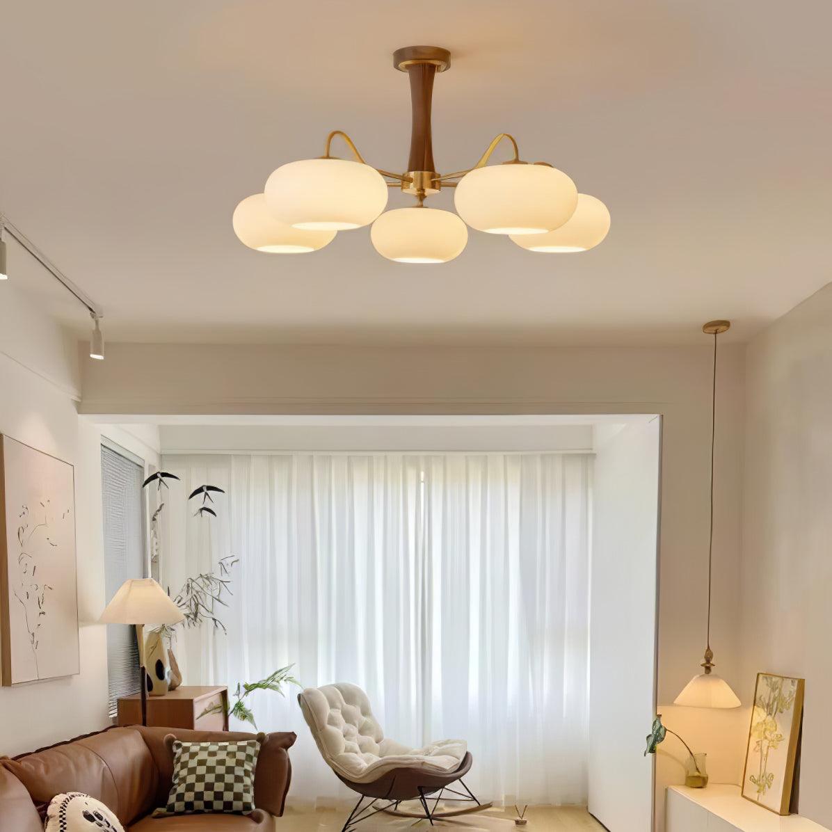 Persimmon Glass Chandelier with Brass Arms | Wood Accent Ceiling Pendant Light