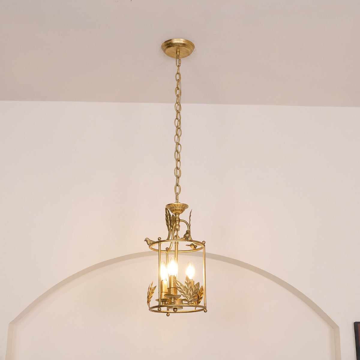 Aviary Series | Iron Lantern Pendant Light with Bird & Leaf Detail for Dining Room