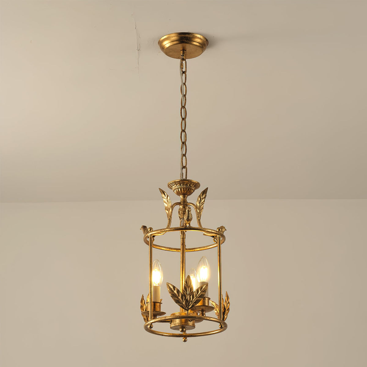 Aviary Series | Iron Lantern Pendant Light with Bird & Leaf Detail for Dining Room