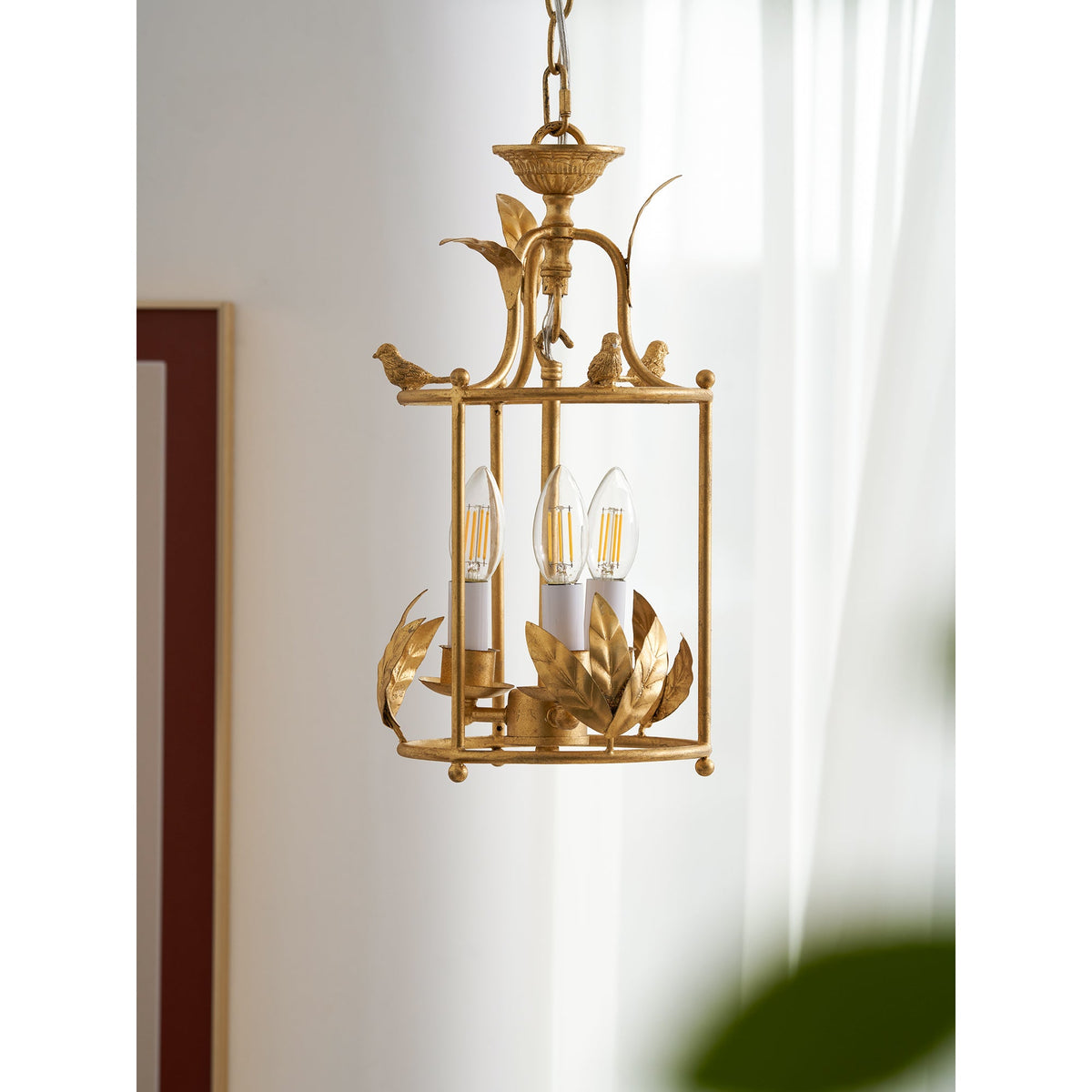Aviary Series | Iron Lantern Pendant Light with Bird & Leaf Detail for Dining Room
