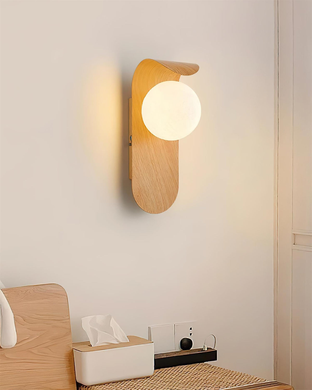 Aspen | Wood Finish Wall Sconce with Frosted Glass Globe, Dimmable Wall Lamp for Bedside