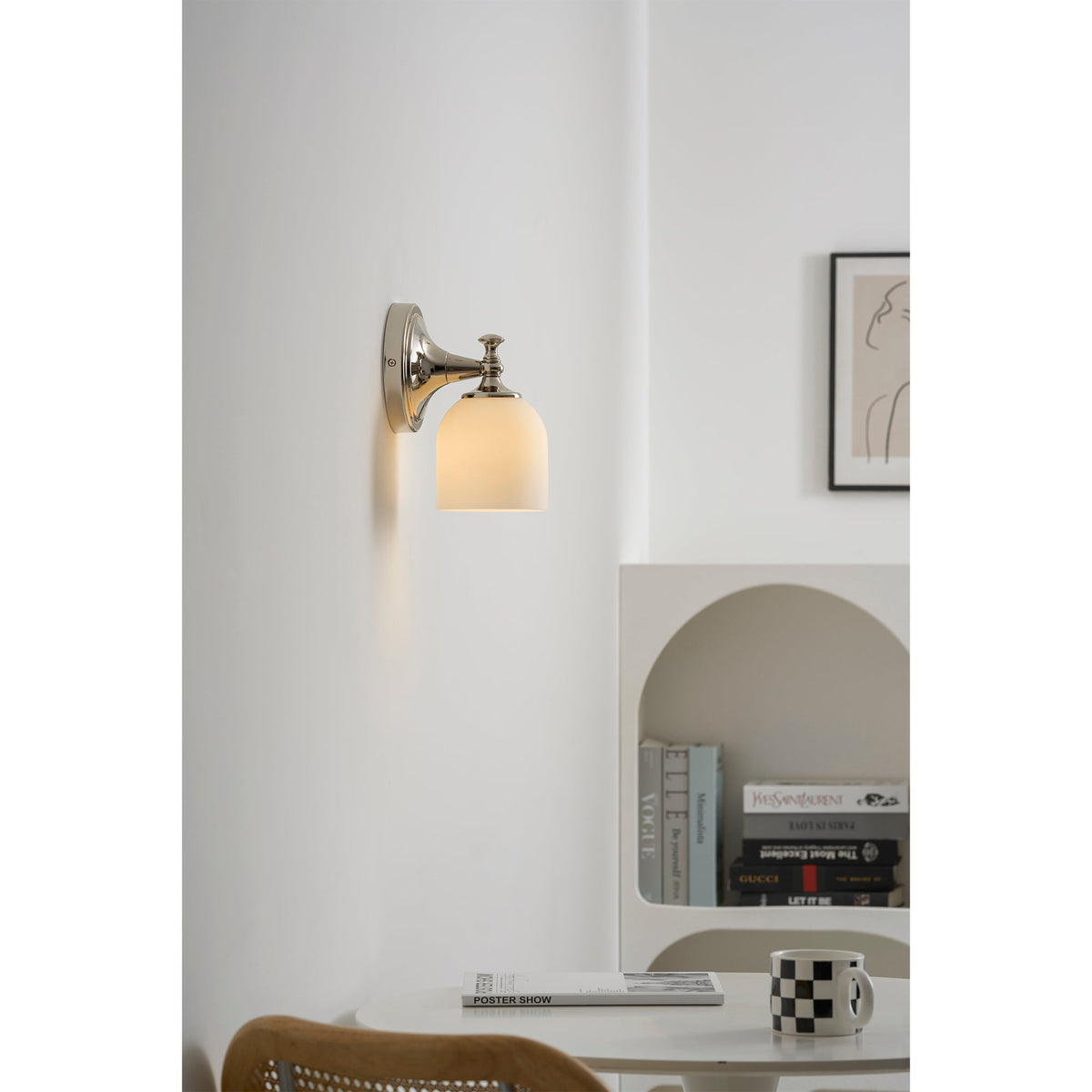 Vanity Glow Series | Brass Short Arm Wall Sconce with Milk Glass Dome for Bathroom