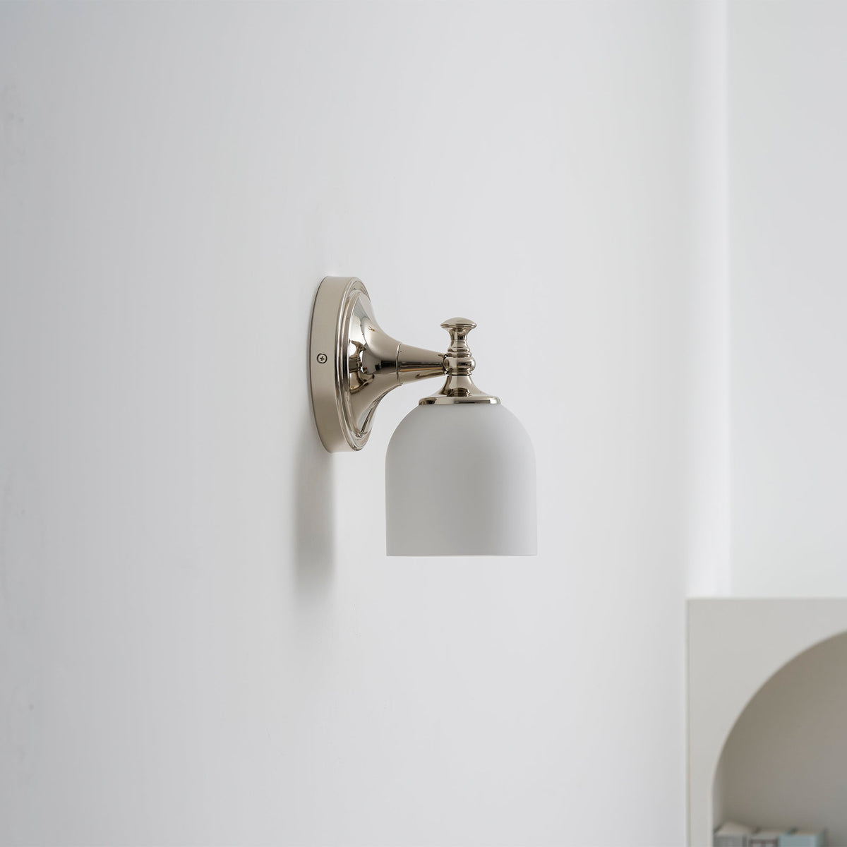Vanity Glow Series | Brass Short Arm Wall Sconce with Milk Glass Dome for Bathroom