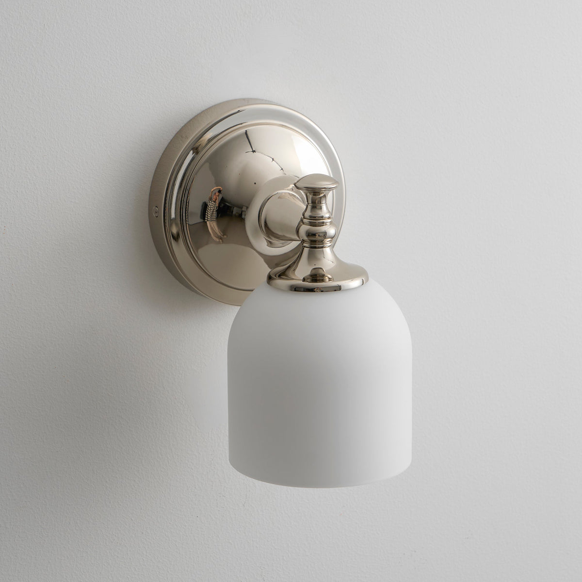 Vanity Glow Series | Brass Short Arm Wall Sconce with Milk Glass Dome for Bathroom