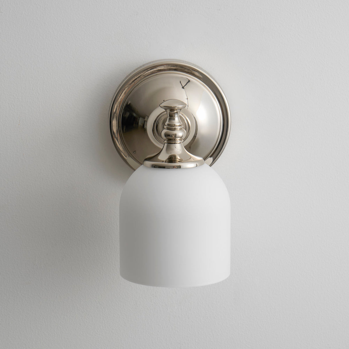Vanity Glow Series | Brass Short Arm Wall Sconce with Milk Glass Dome for Bathroom
