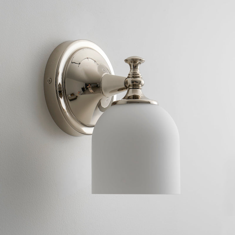 Vanity Glow Series | Brass Short Arm Wall Sconce with Milk Glass Dome for Bathroom