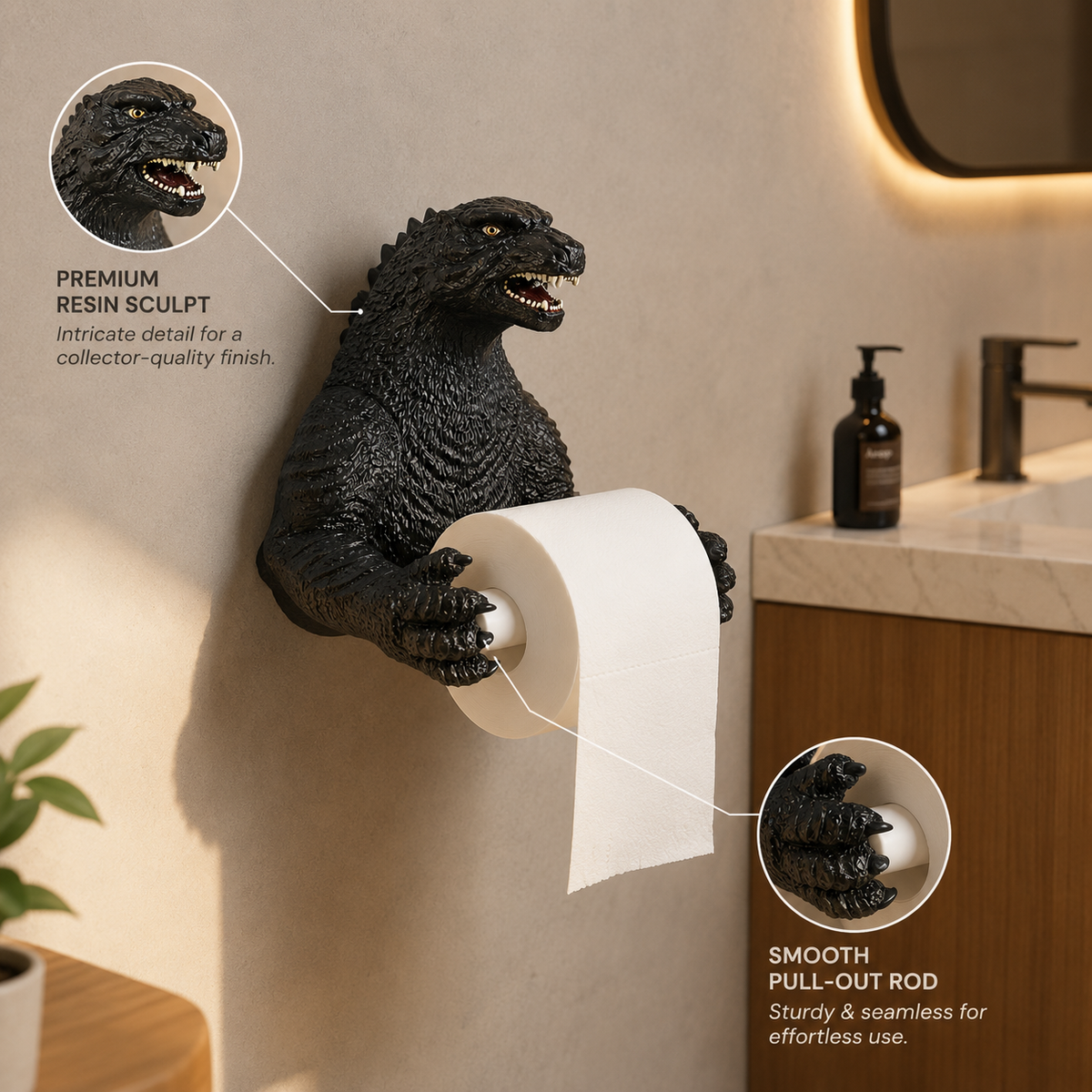 Glumkin | Monster Toilet Paper Holder with Slide-Out Bar | Resin Wall Decor for Bathroom