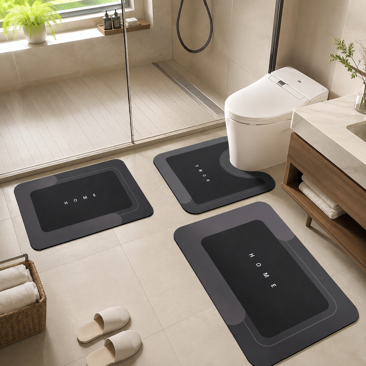 Dryvia | 3 Piece Bathroom Mat Set with Non-Slip Rubber Backing | Quick Dry Absorbent Mats