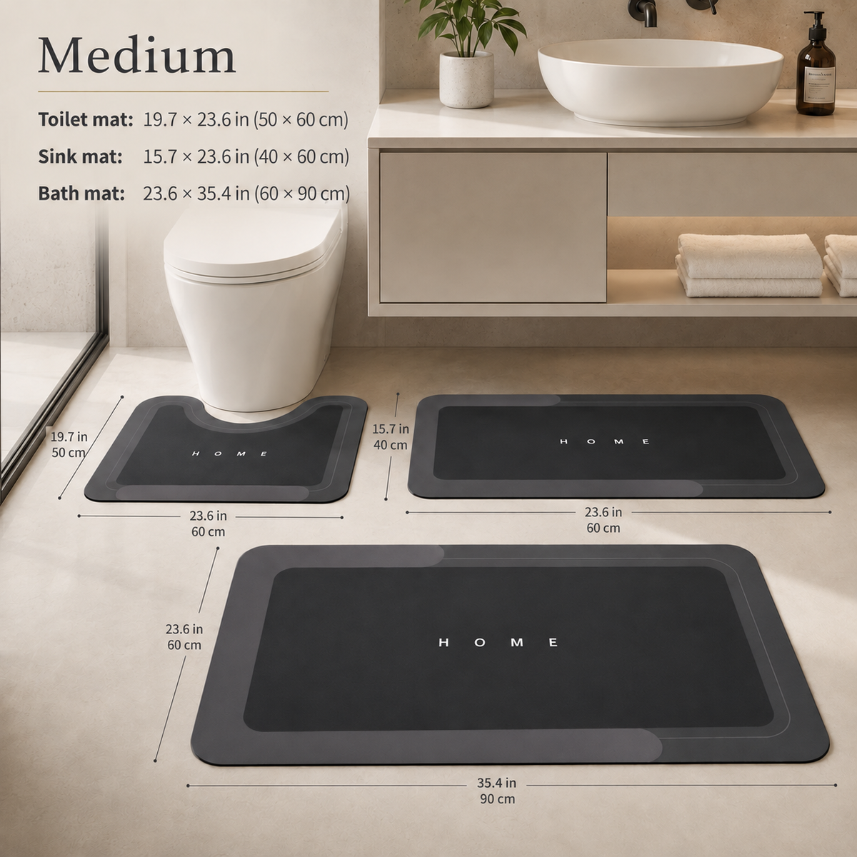 Dryvia | 3 Piece Bathroom Mat Set with Non-Slip Rubber Backing | Quick Dry Absorbent Mats