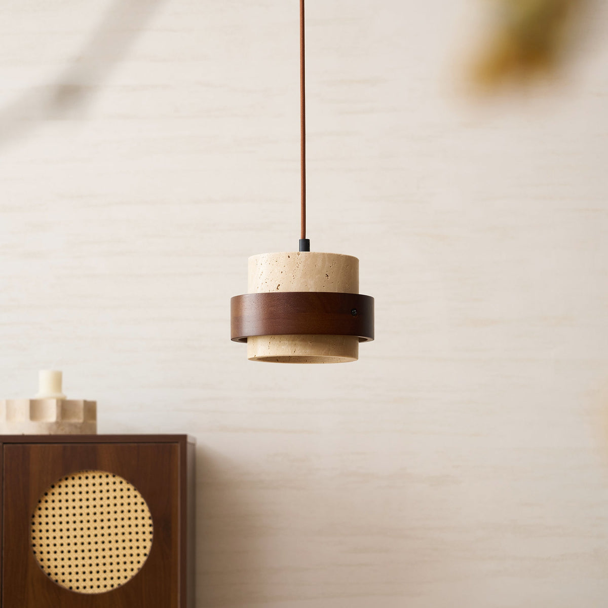 Terra | Natural Travertine Pendant Light with Walnut Band, Hanging Lamp for Dining Table