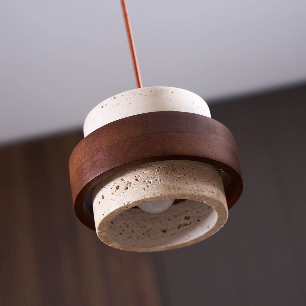 Terra | Natural Travertine Pendant Light with Walnut Band, Hanging Lamp for Dining Table
